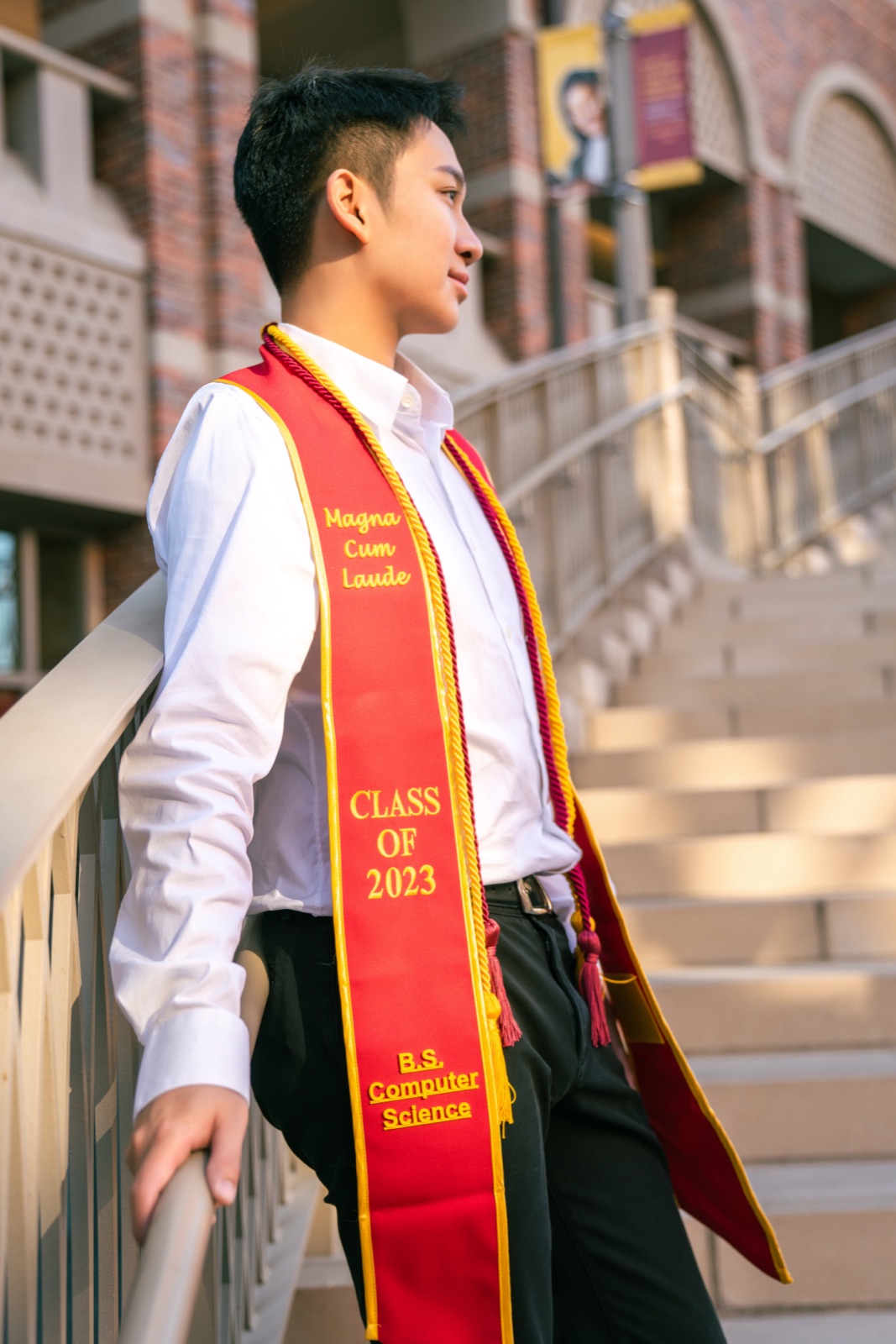 Solo portrait on USC campus steps