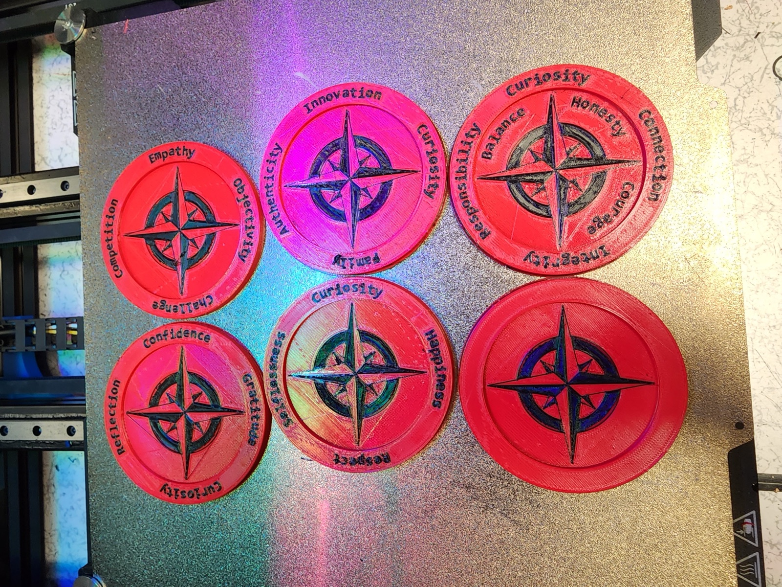 Batch of six coasters on the print bed